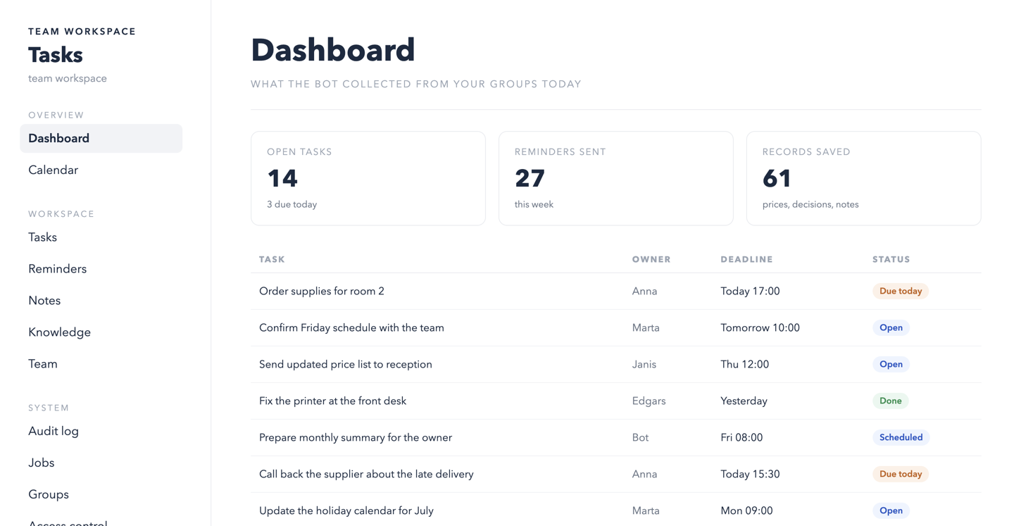 The web platform behind the bot: dashboard with tasks, owners, deadlines, and statuses